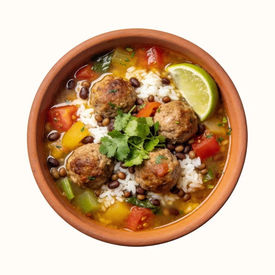 Albondigas Soup, plated, photographed from above.