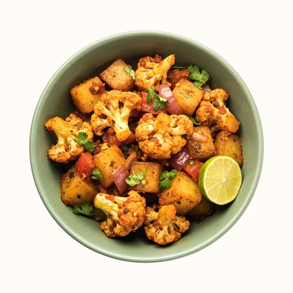 Aloo Gobi, plated, photographed from above.