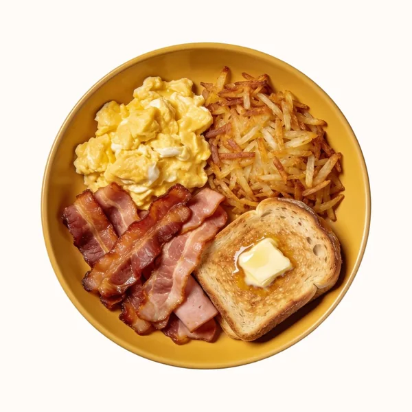 American Breakfast Plate, plated, photographed from above.