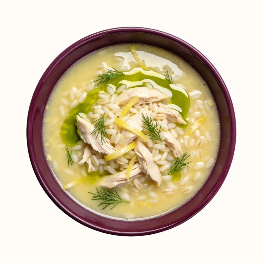 Avgolemono Soup, plated, photographed from above.