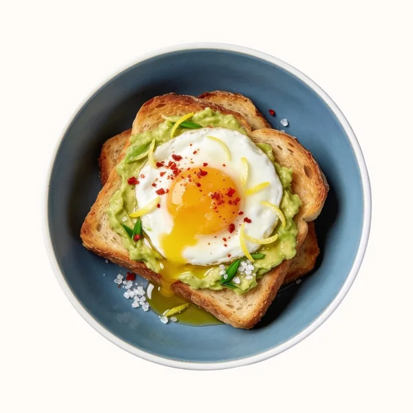 Avocado Toast with Egg, plated, photographed from above.