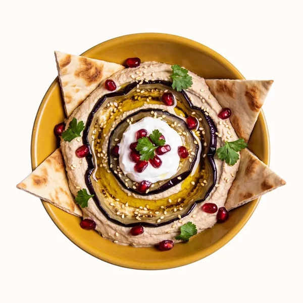 Baba Ghanoush with Warm Pita, plated, photographed from above.