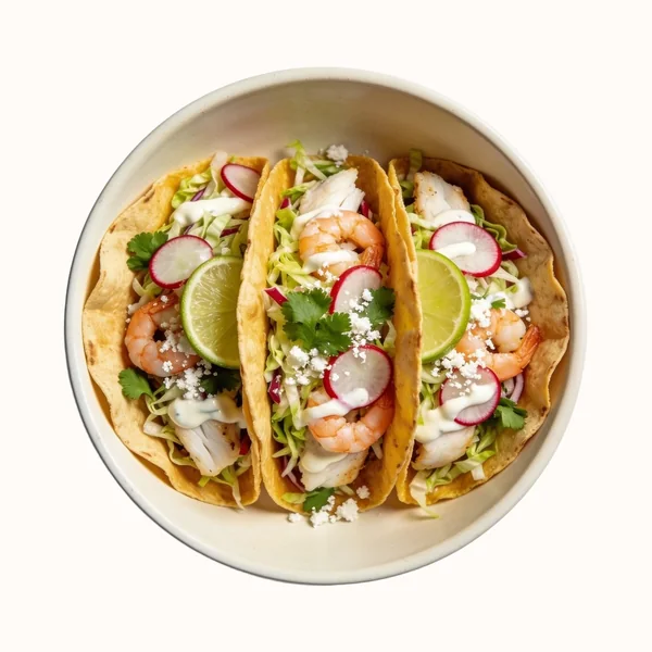 Baja Fish Tacos, plated, photographed from above.