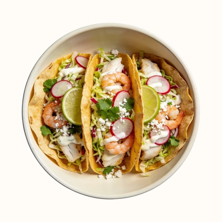 Baja Fish Tacos, plated, photographed from above.