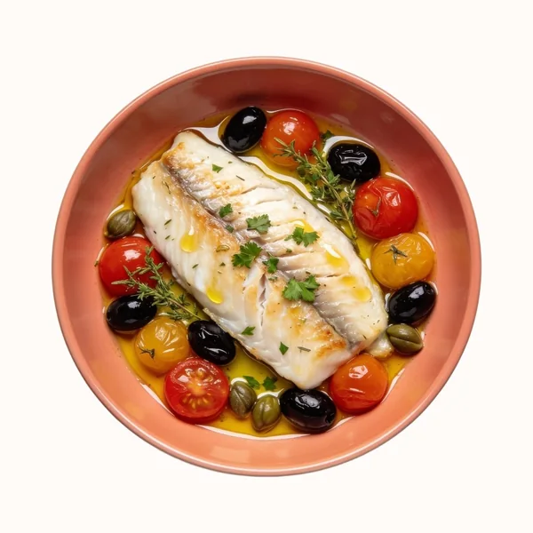 Baked Cod with Olive Oil + Herbs, plated, photographed from above.