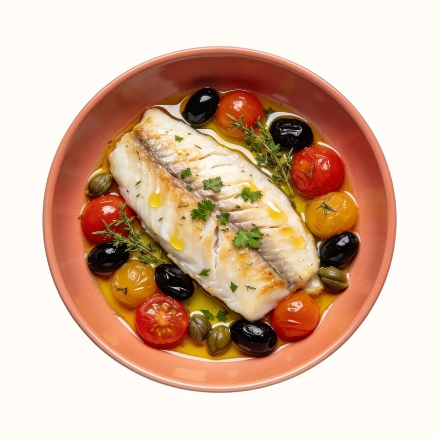Baked Cod with Olive Oil + Herbs, plated, photographed from above.