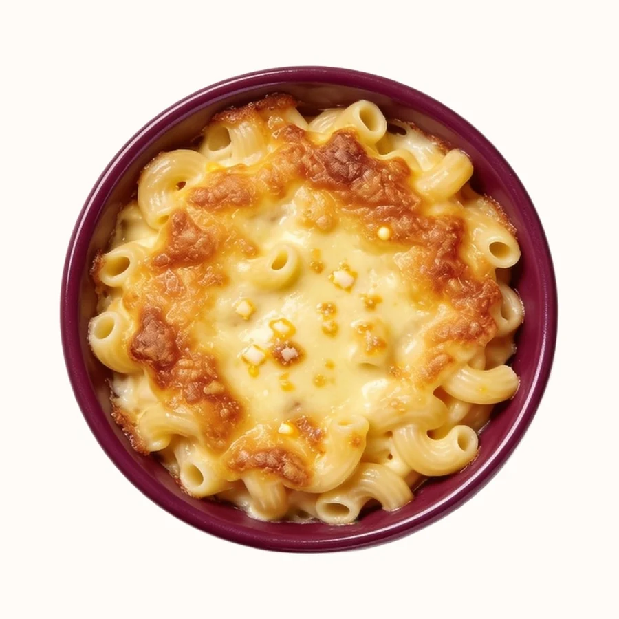 Baked Mac & Cheese, plated, photographed from above.