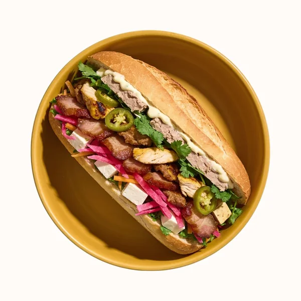 Banh Mi, plated, photographed from above.