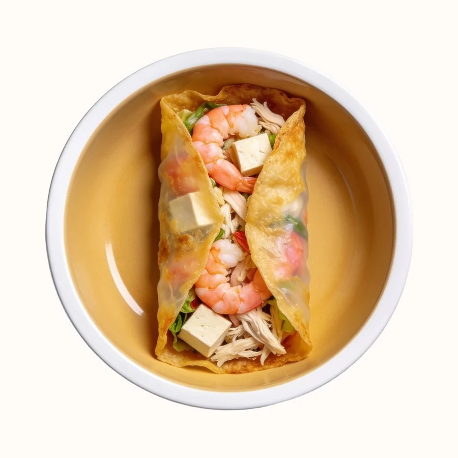Banh Xeo (Vietnamese Crepe), plated, photographed from above.