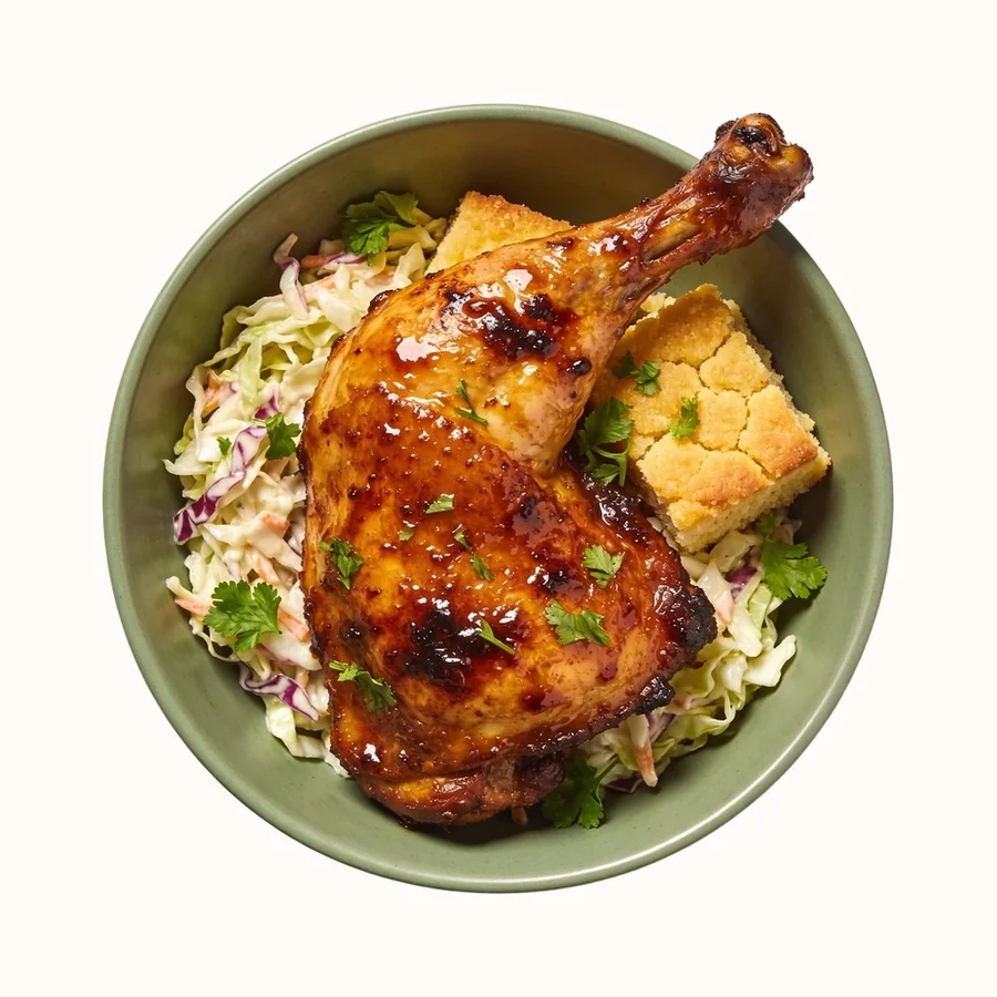 BBQ Half Chicken, plated, photographed from above.