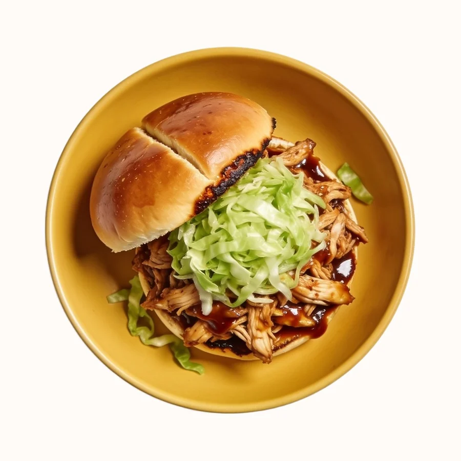 BBQ Pulled Chicken Sandwich, plated, photographed from above.