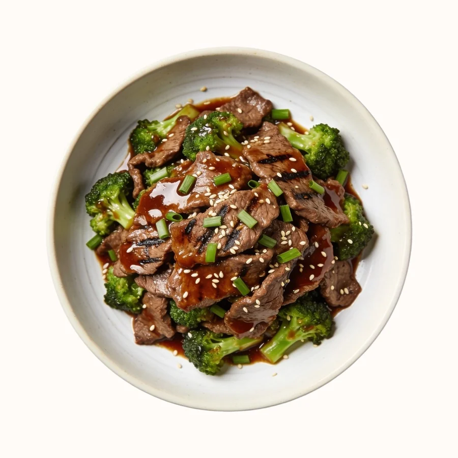 Beef and Broccoli, plated, photographed from above.
