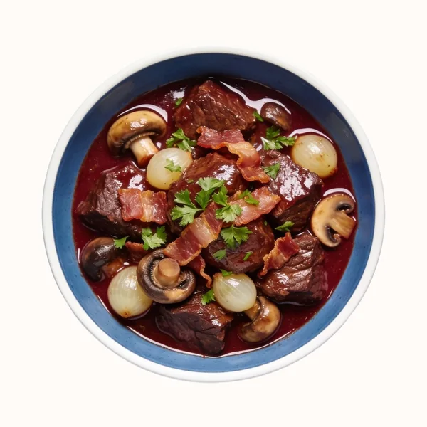 Beef Bourguignon, plated, photographed from above.