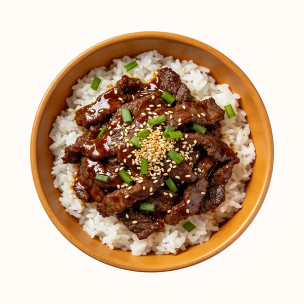 Beef Bulgogi Bowl, plated, photographed from above.