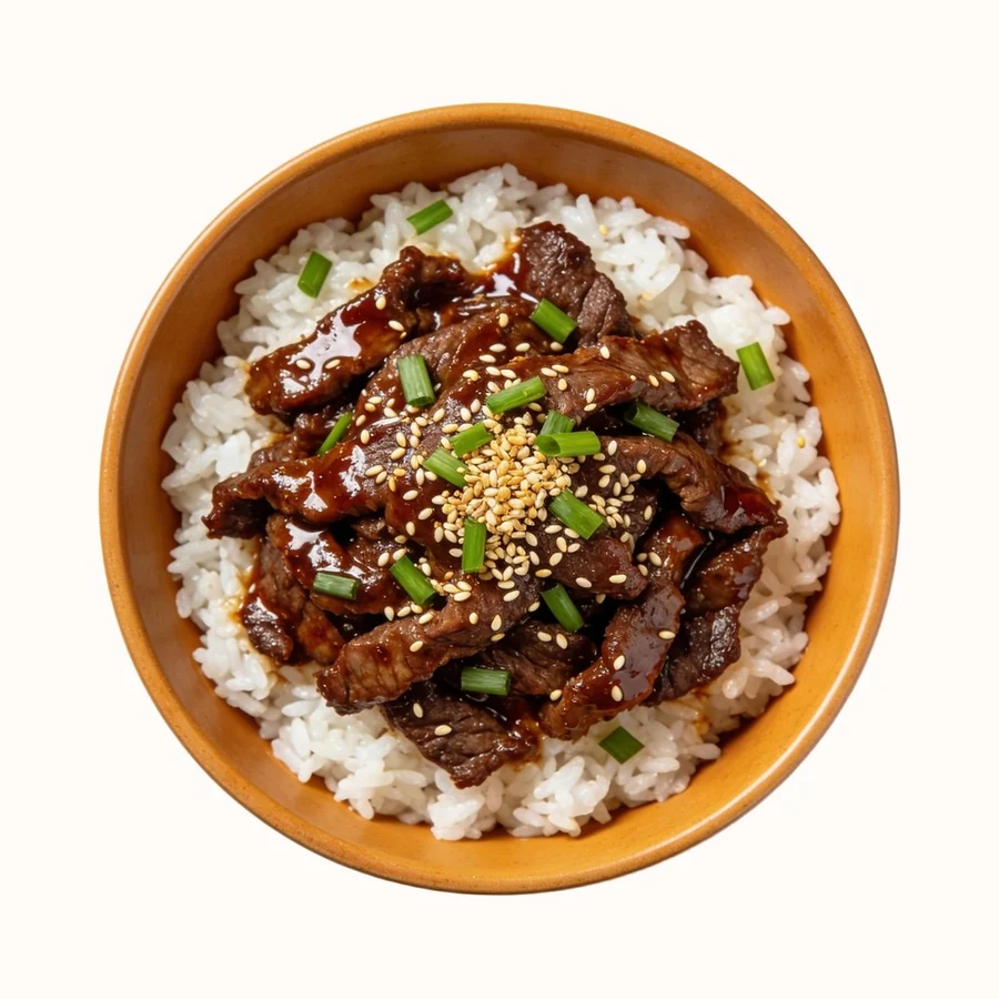 Beef Bulgogi Bowl, plated, photographed from above.