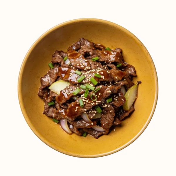Beef Bulgogi, plated, photographed from above.