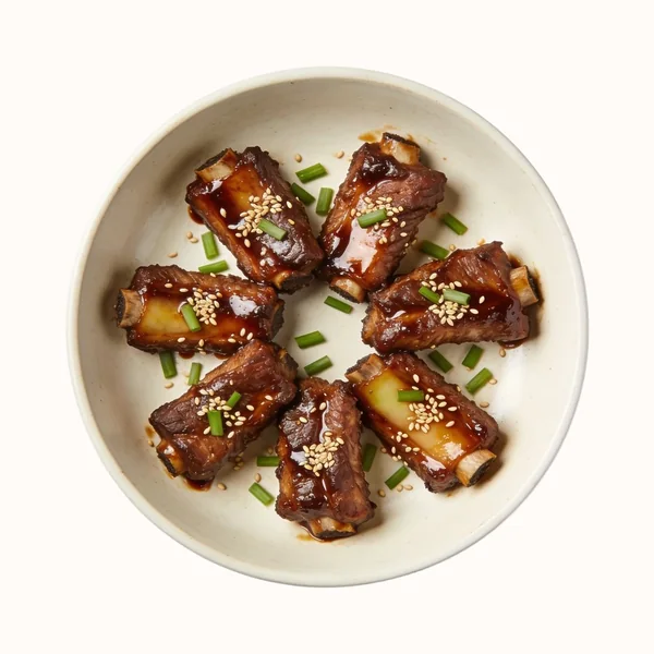 Beef Galbi, plated, photographed from above.