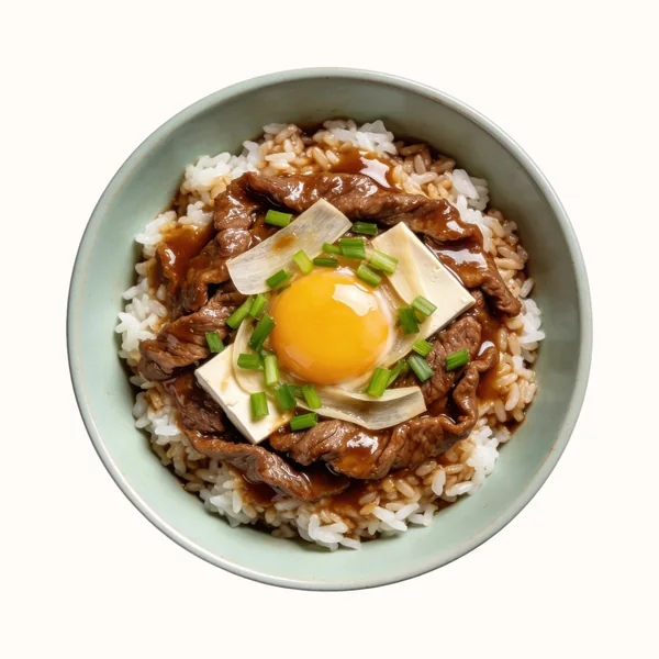Beef Niku Don (Beef Bowl), plated, photographed from above.