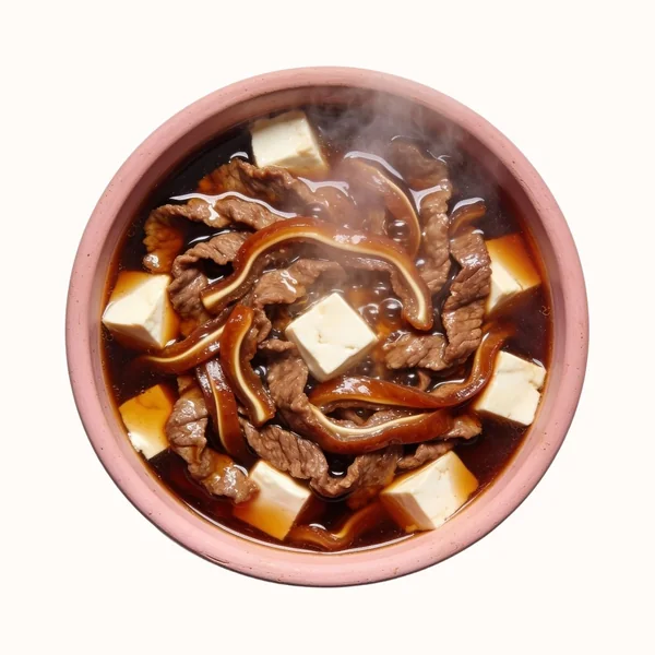 Beef Sukiyaki, plated, photographed from above.
