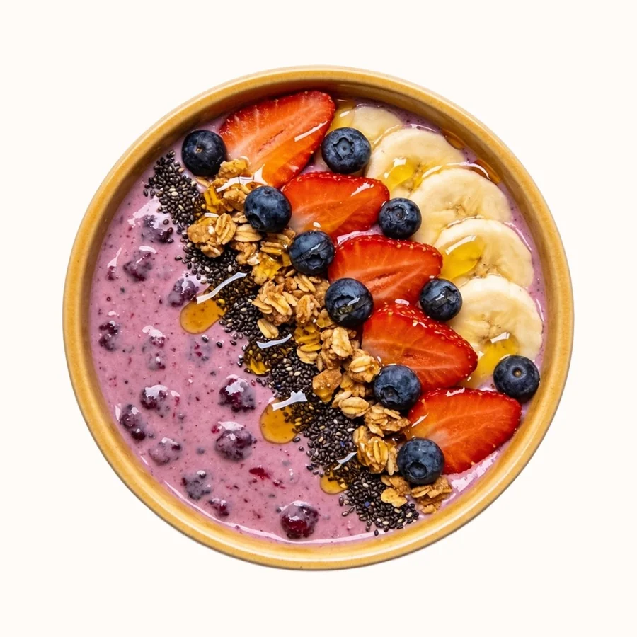 Berry Smoothie Bowl, plated, photographed from above.