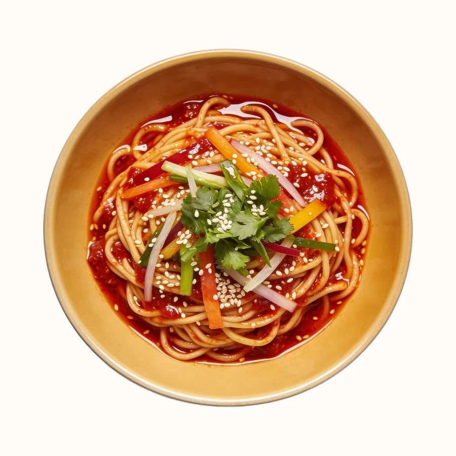 Bibim Guksu, plated, photographed from above.