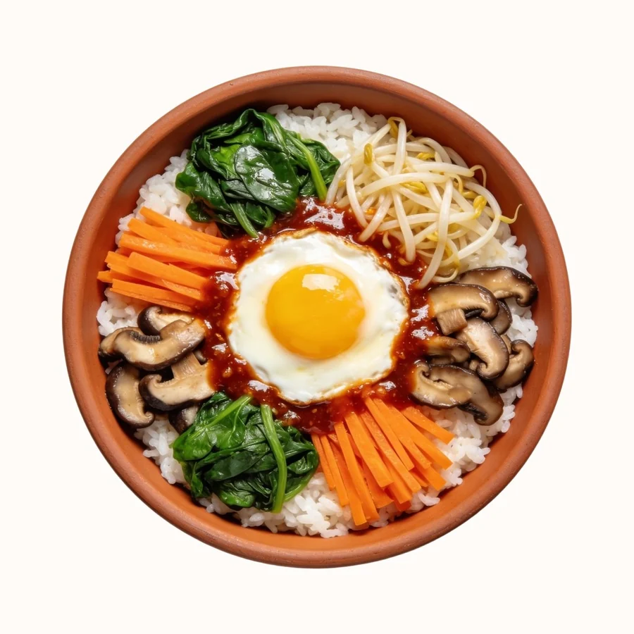 Bibimbap, plated, photographed from above.