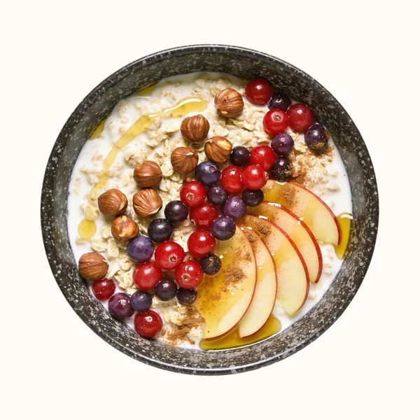 Bircher Muesli, plated, photographed from above.
