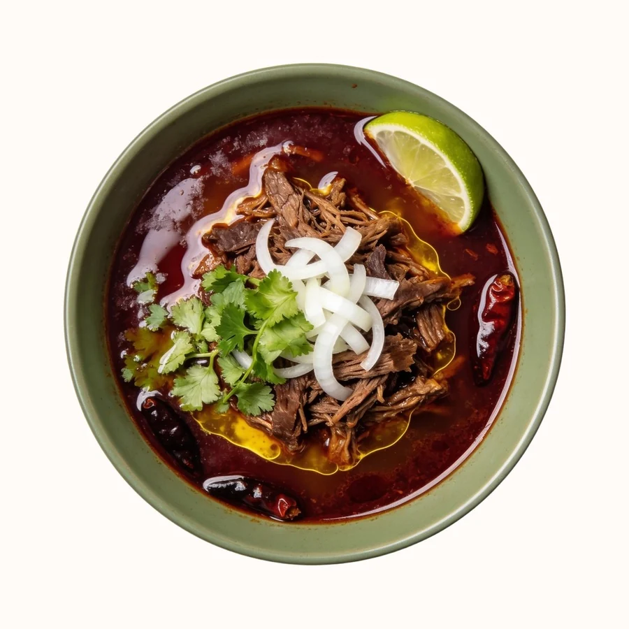 Birria de Res, plated, photographed from above.