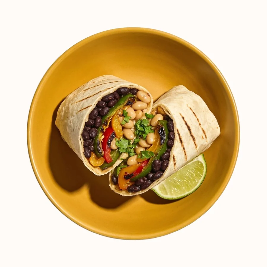Black Bean + Roasted Pepper Burrito, plated, photographed from above.
