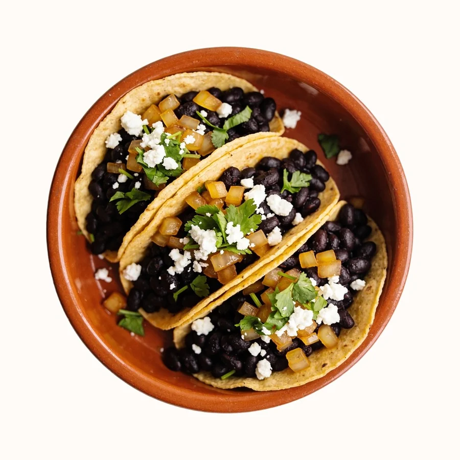 Black Bean Tacos, plated, photographed from above.