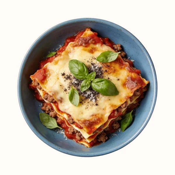Bolognese Lasagna, plated, photographed from above.