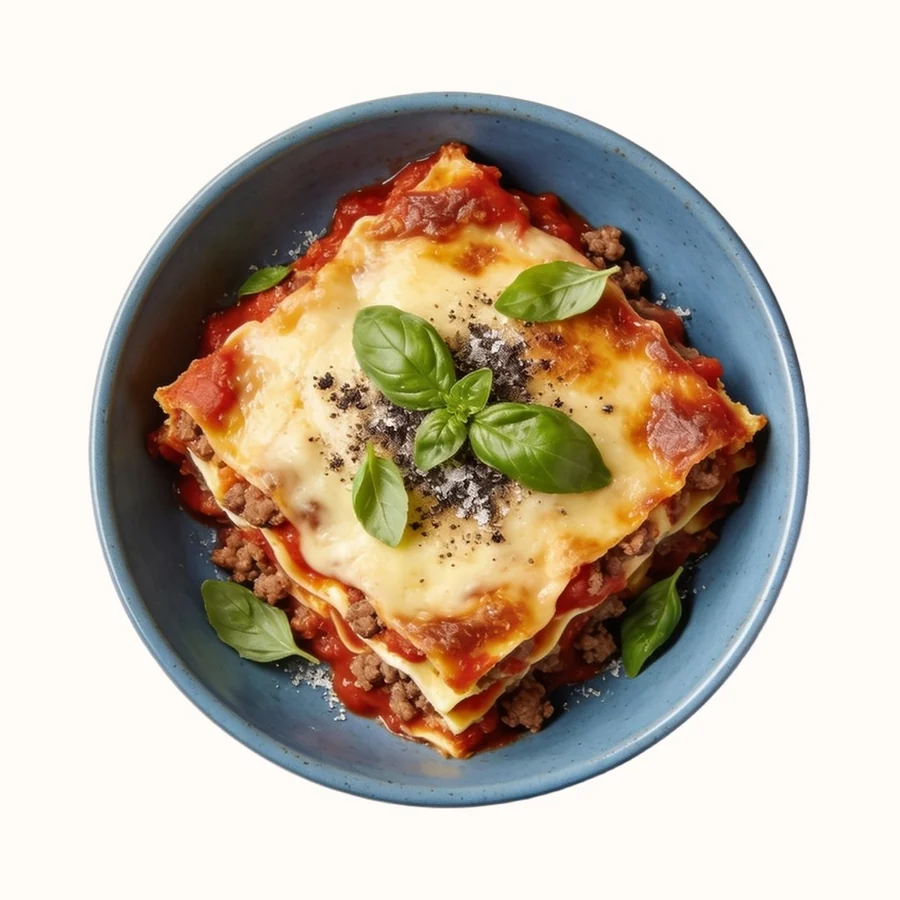 Bolognese Lasagna, plated, photographed from above.