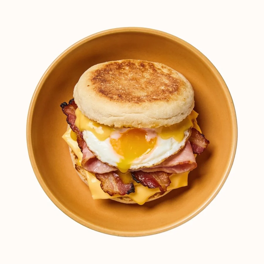 Breakfast Sandwich, plated, photographed from above.