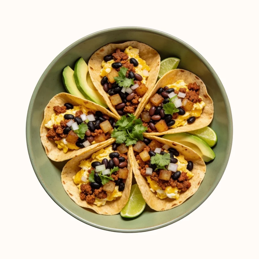 Breakfast Tacos, plated, photographed from above.
