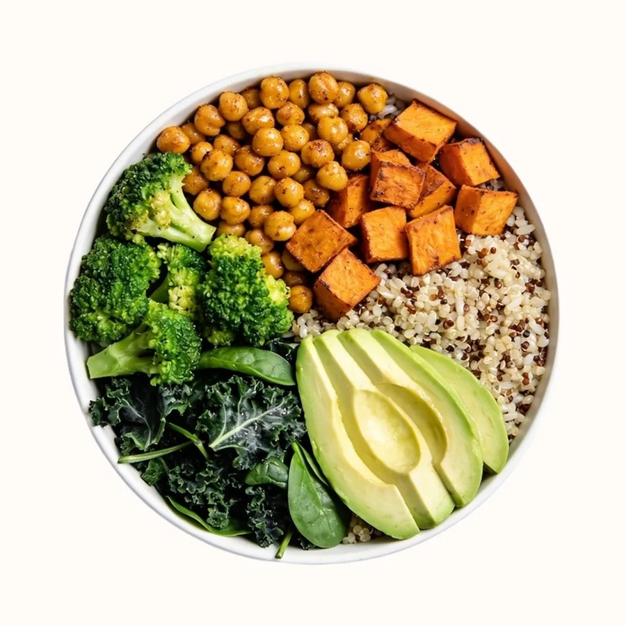 Buddha Bowl, plated, photographed from above.