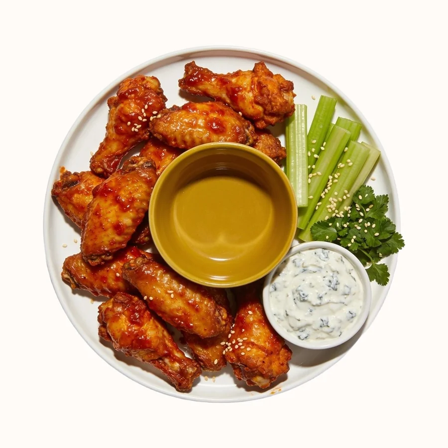 Buffalo Wings, plated, photographed from above.