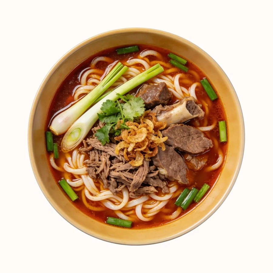 Bun Bo Hue, plated, photographed from above.