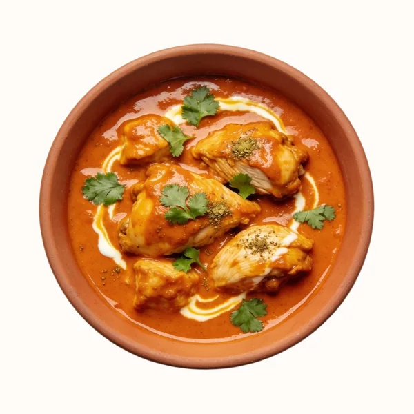Butter Chicken (Murgh Makhani), plated, photographed from above.
