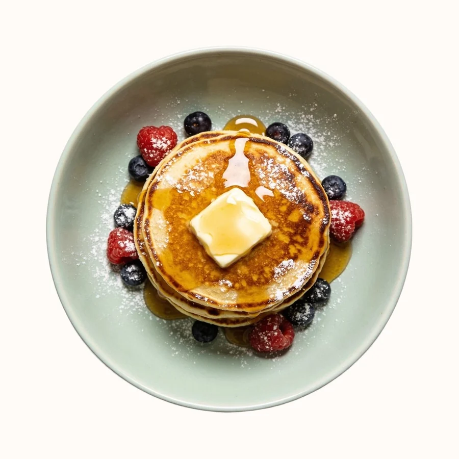 Buttermilk Pancakes, plated, photographed from above.
