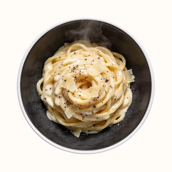 Cacio e Pepe, plated, photographed from above.