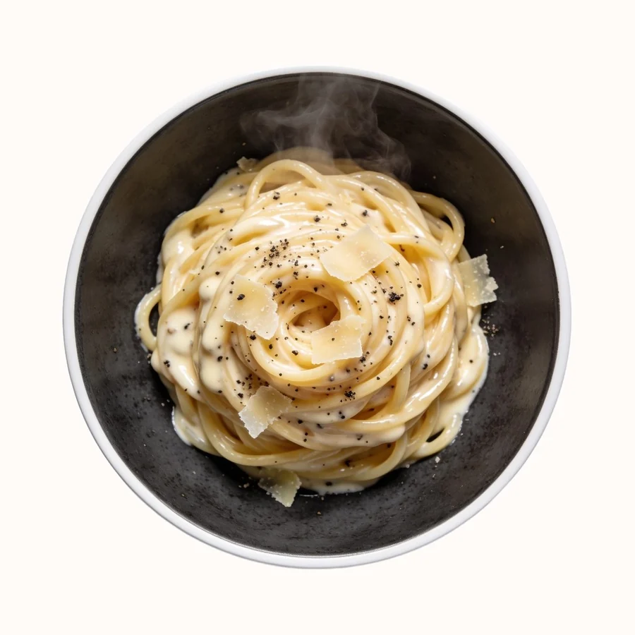 Cacio e Pepe, plated, photographed from above.