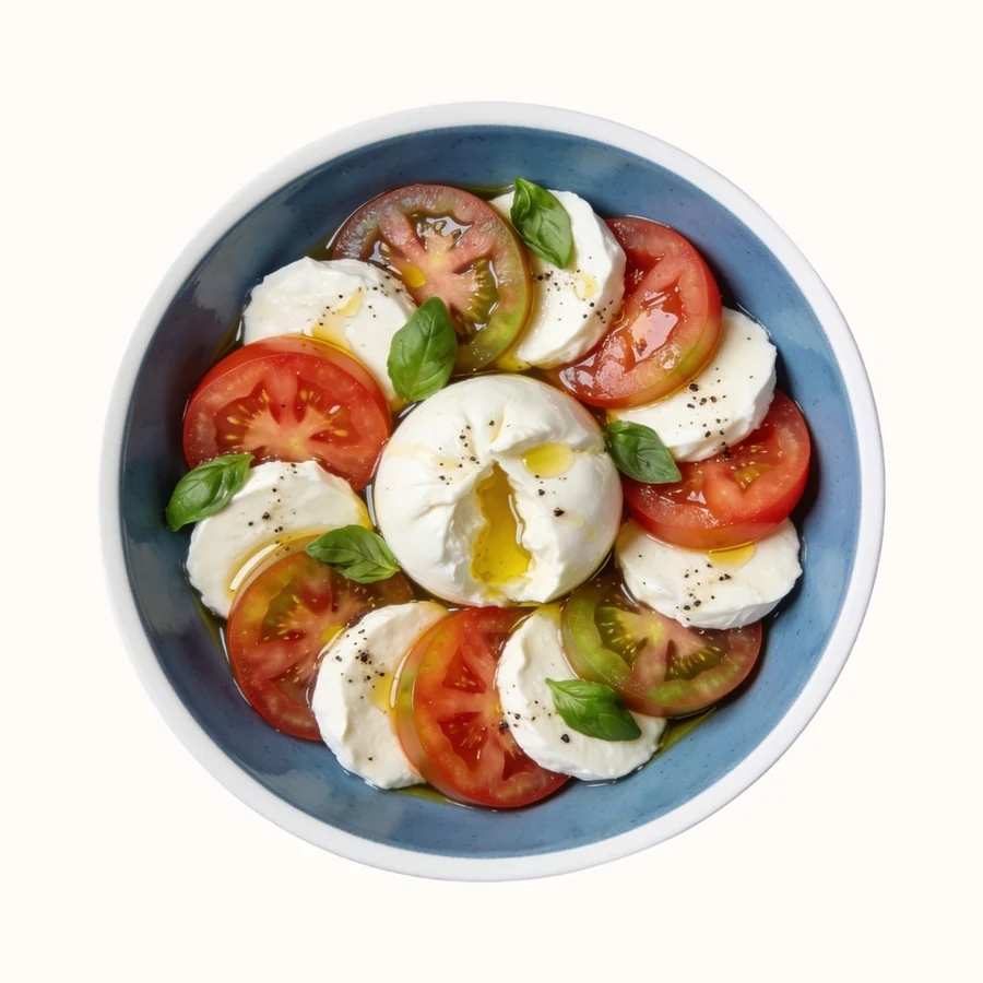 Caprese Salad, plated, photographed from above.
