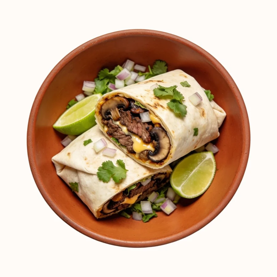 Carne Asada Burrito, plated, photographed from above.