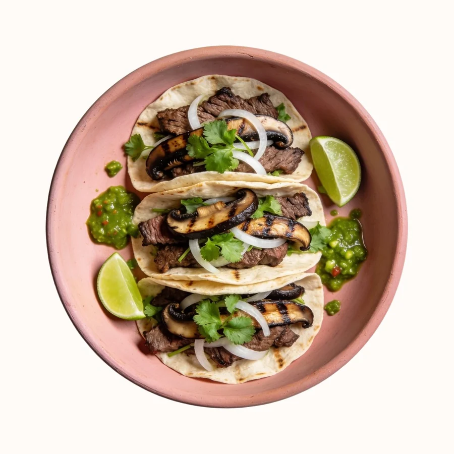 Carne Asada Tacos, plated, photographed from above.