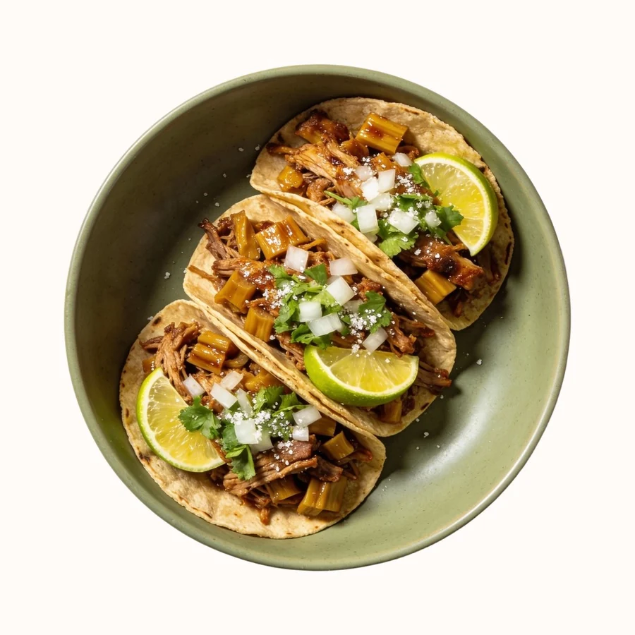 Carnitas Tacos, plated, photographed from above.