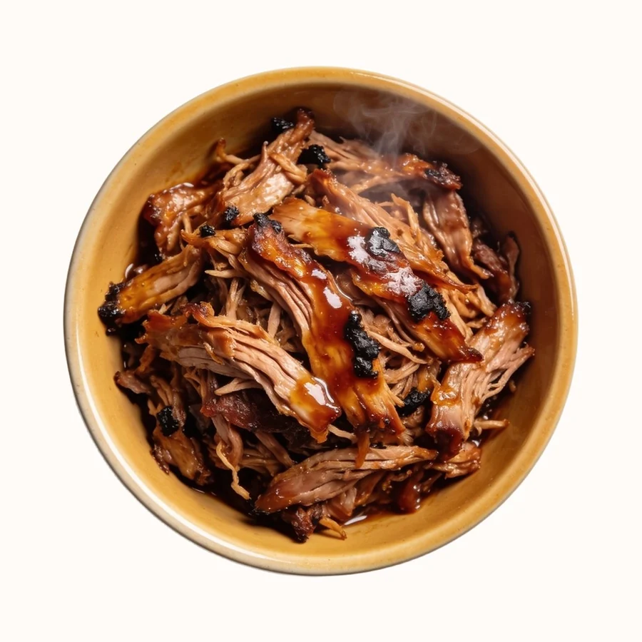 Carolina Pulled Pork, plated, photographed from above.
