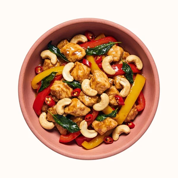 Cashew Chicken (Gai Pad Met Mamuang), plated, photographed from above.