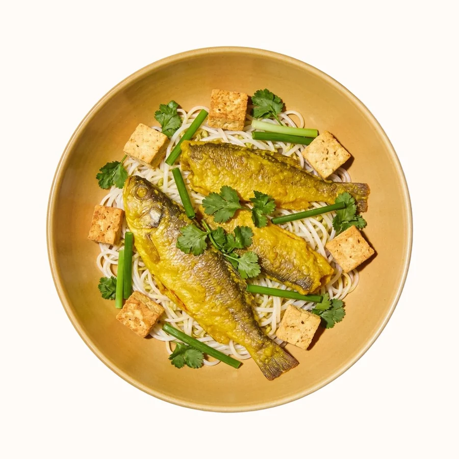 Cha Ca La Vong, plated, photographed from above.