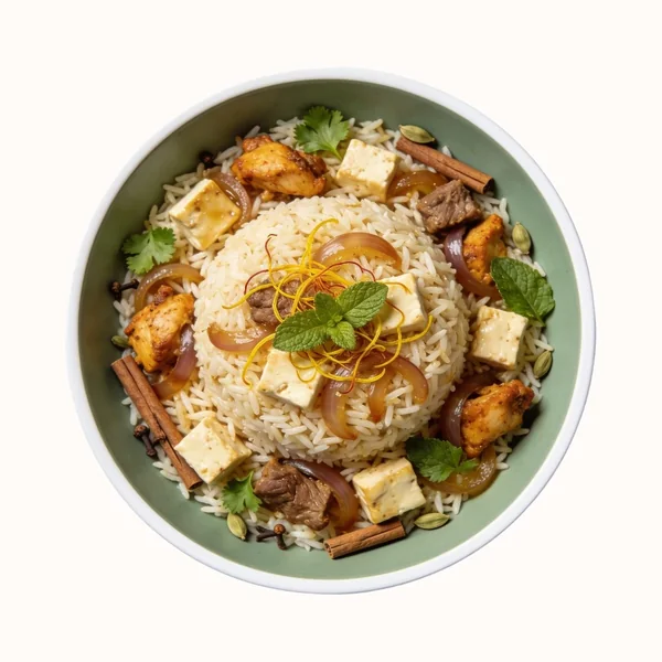 Chicken Biryani, plated, photographed from above.