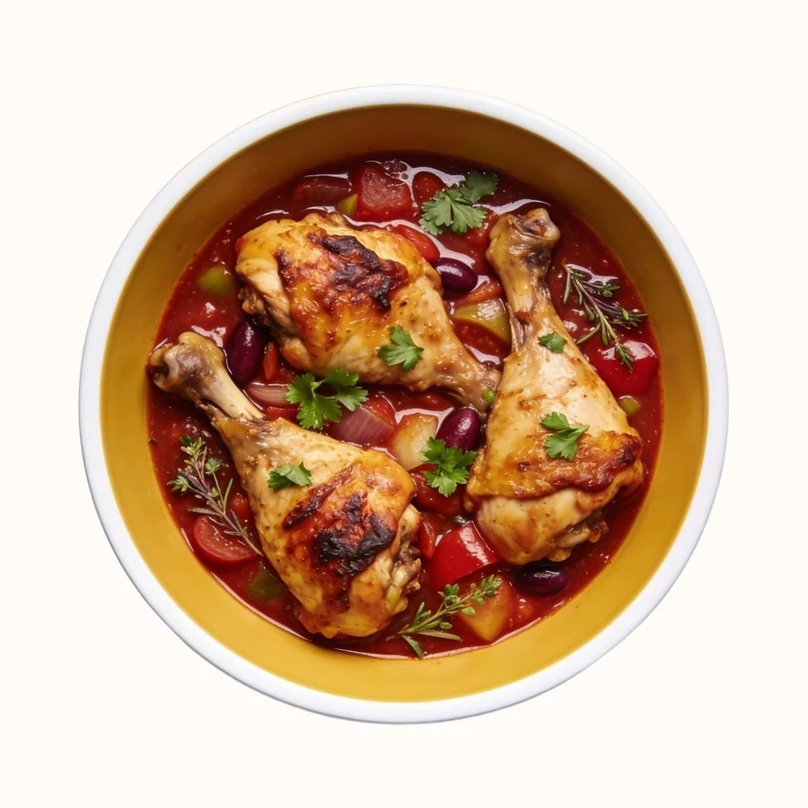 Chicken Cacciatore, plated, photographed from above.